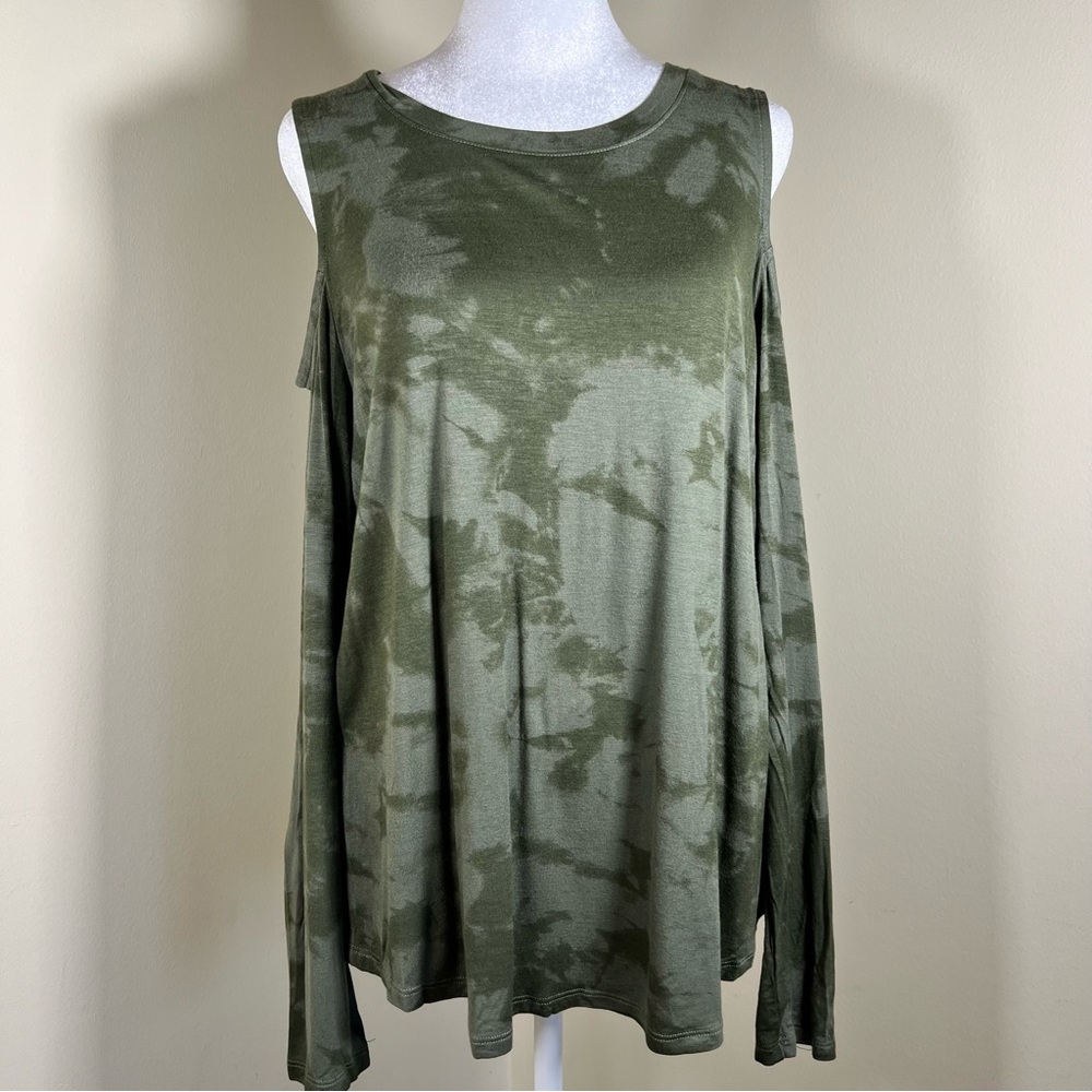 Cold Shoulder Tie Dye Hunter Green Long Sleeve T  - Size Large